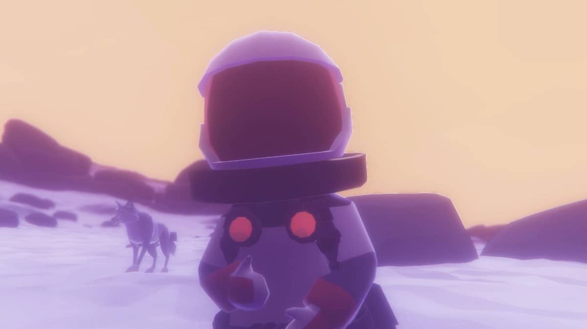 The main character in Nova Antarctica looking toward the player in a space suit style outfit.