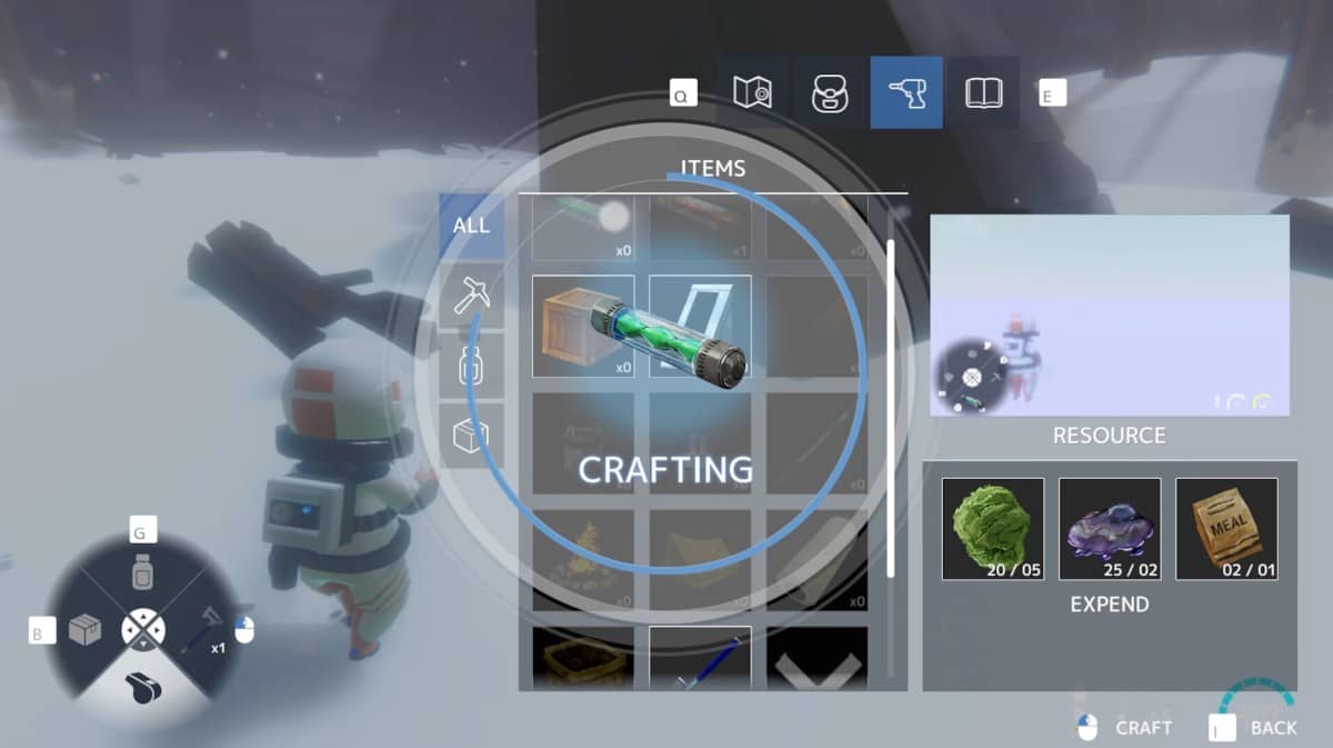 The crafting interface in Nova Antarctica showing resources and materials ready to use.