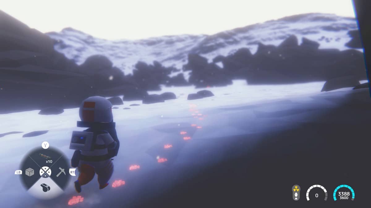 The main character in Nova Antarctica following highlighted footsteps across snowy ground toward the woods.