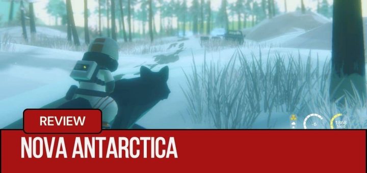 The main character riding a wolf across the snowy world of Nova Antarctica with a decaying car ahead.