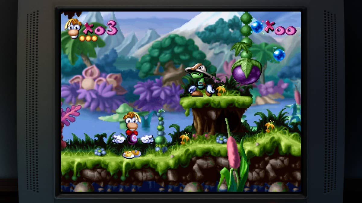 Rayman explores a lush green platforming stage in Rayman: 30th Anniversary Edition filled with flowers and vibrant scenery.