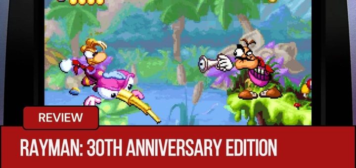 Rayman leaps through a lush jungle in Rayman: 30th Anniversary Edition as an enemy fires at him.