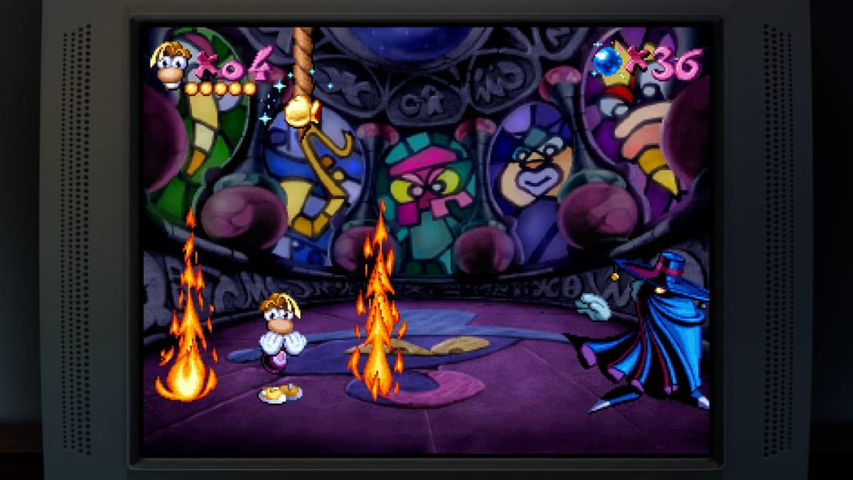 Rayman faces the cloaked mysterious stranger in Rayman: 30th Anniversary Edition during a tense confrontation.