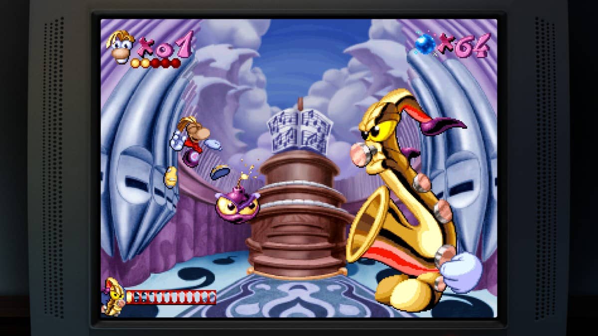 Rayman confronts the giant saxophone boss in Rayman: 30th Anniversary Edition as musical notes fill the scene.