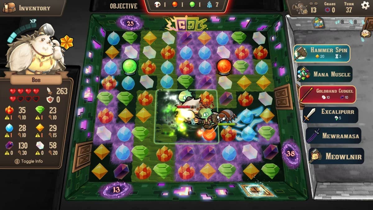 Colourful match 3 battle in Roguematch: The Extraplanar Invasion showing gem attacks and huge enemies.