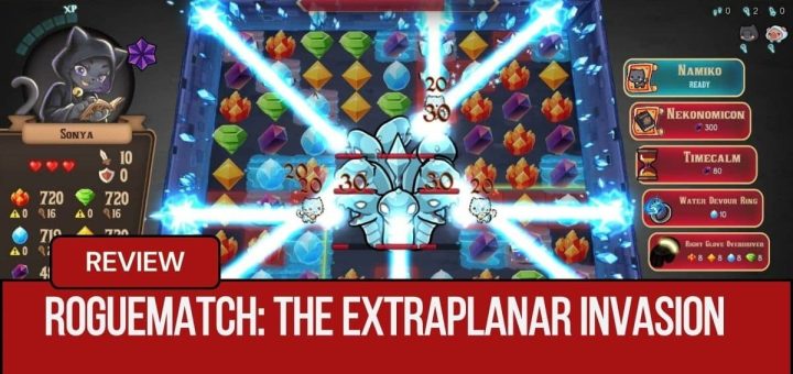 In game battle scene from Roguematch: The Extraplanar Invasion showing huge enemies and gem attacks.