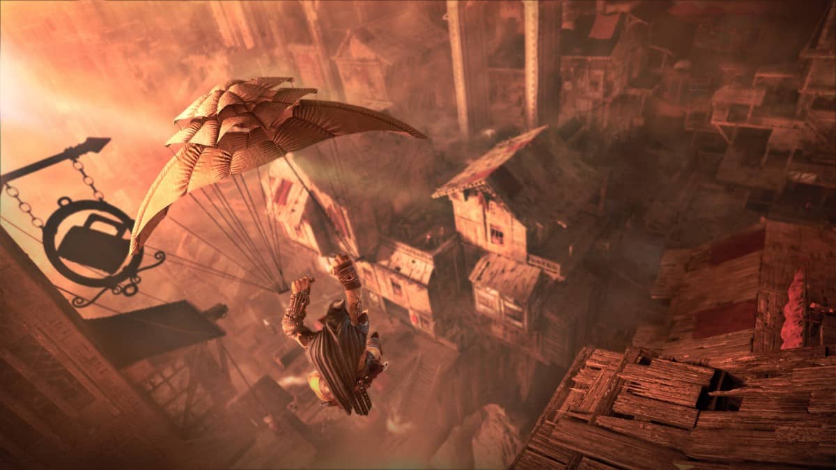 Styx gliding on a makeshift parachute into a run-down town in Styx: Blades of Greed during a stealthy night approach.
