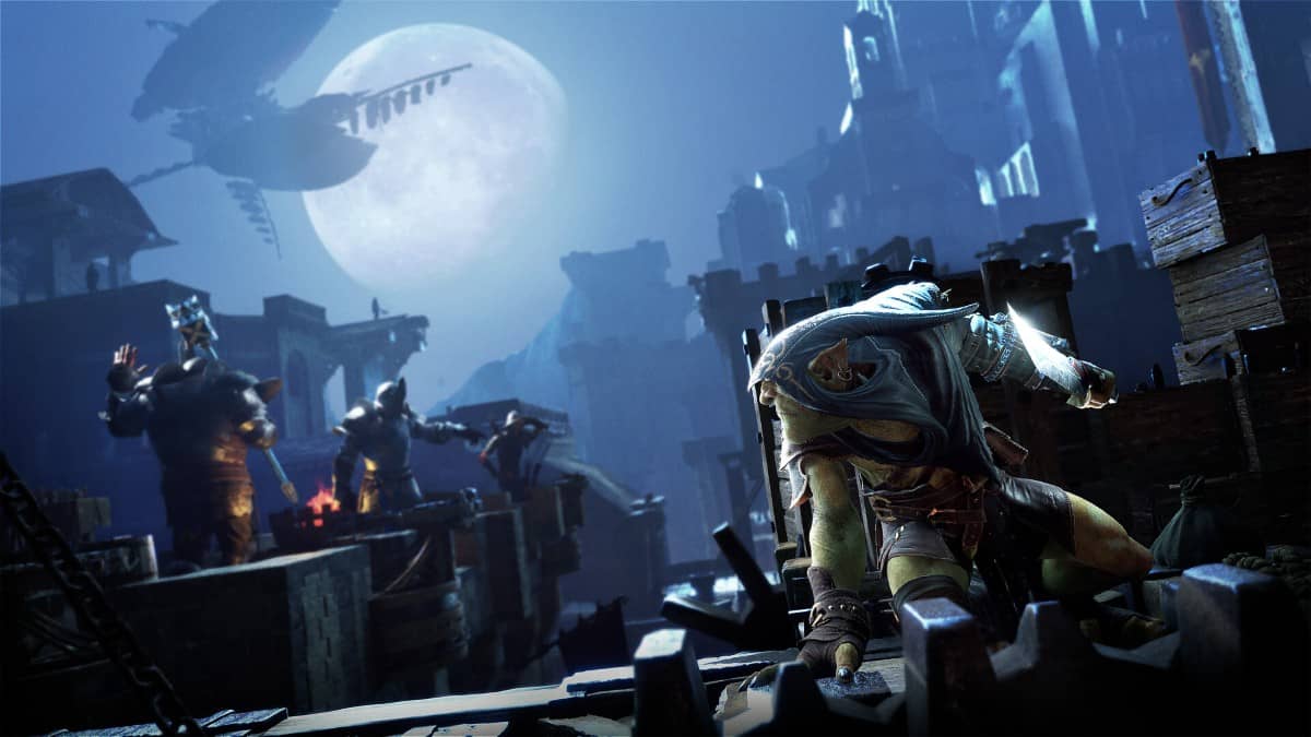 Styx hiding behind a small wall in Styx: Blades of Greed as he watches enemies talking nearby in stealth.