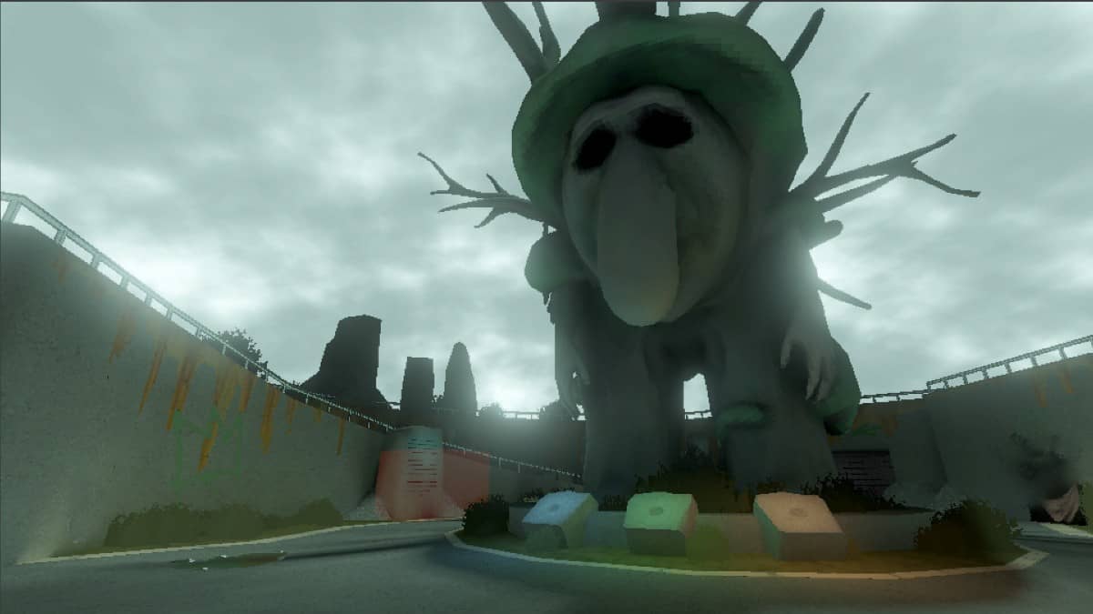 A towering statue looming over a character outside in THE LAST TRAIN: Baquedano, creating a tense and imposing moment.