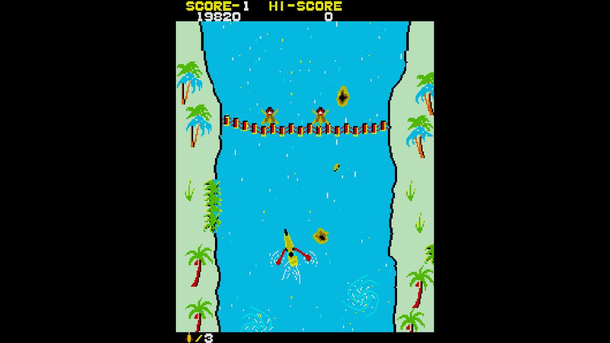 Arcade Archives ADVENTURE CANOE with the canoe approaching a wood bridge as tribal men throw spears down