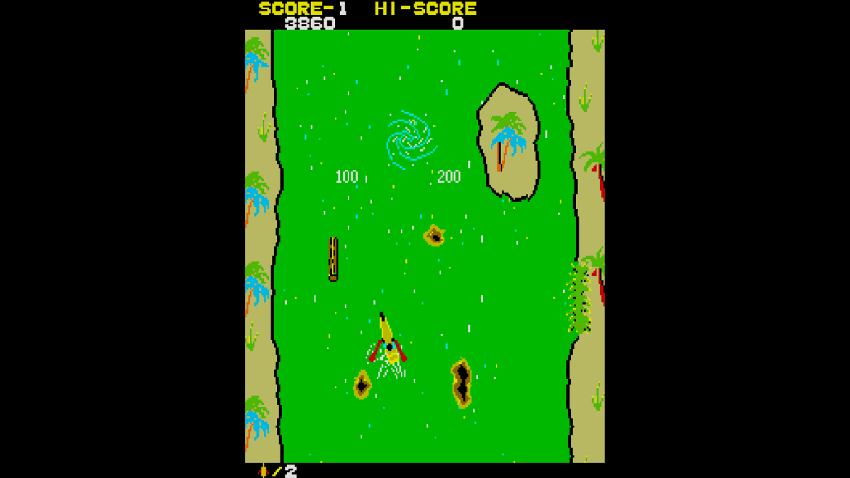 Arcade Archives ADVENTURE CANOE showing the canoe on a calm green river with little action on screen