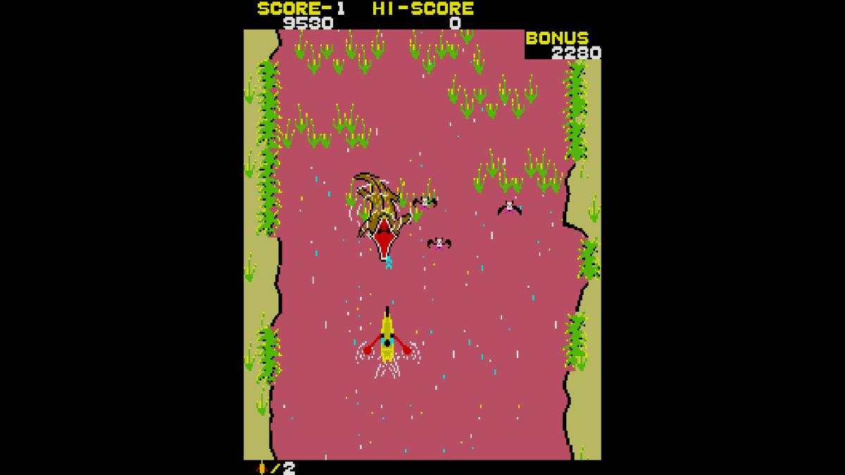 Arcade Archives ADVENTURE CANOE with the canoe on a red river as a giant crocodile charges in with its mouth open