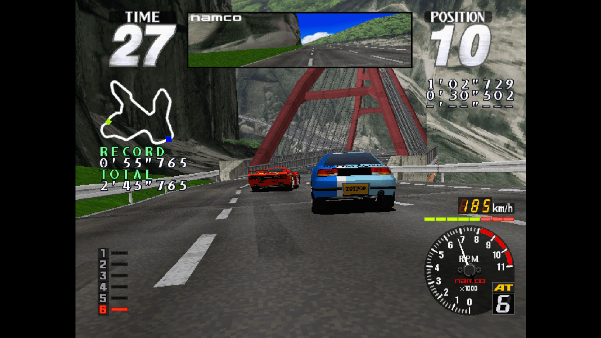 Arcade Archives Rave Racer in bumper view racing downhill toward a bridge with opponents ahead.