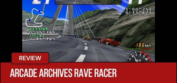 Arcade Archives Rave Racer showing the player approaching a big drift corner on a bridge with opponents ahead.
