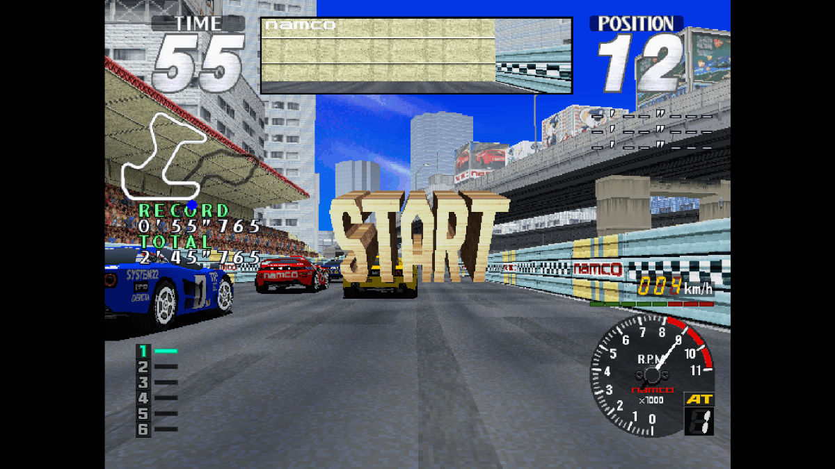 Arcade Archives Rave Racer with all cars lined up as the START text and race lights appear on screen.