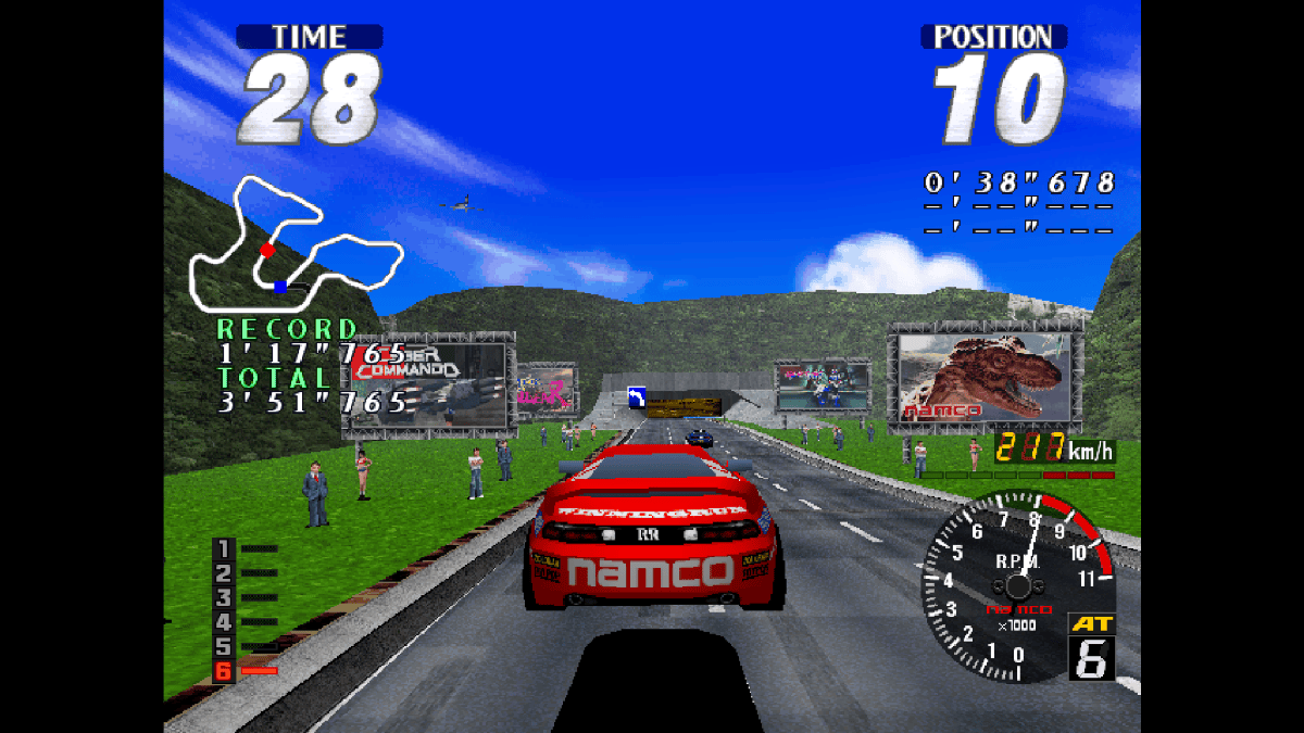 Arcade Archives Rave Racer with the red Namco car airborne in third person view before landing on the track.