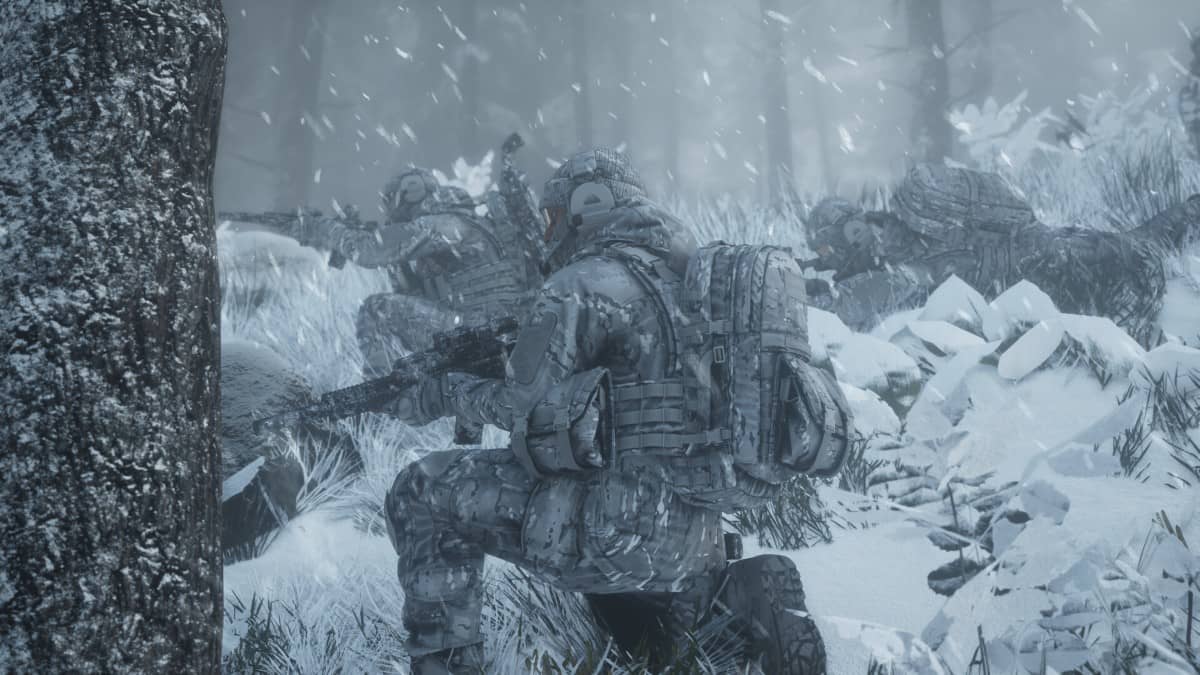 A snow‑covered squad crouched behind trees awaiting orders in Black One Blood Brothers.