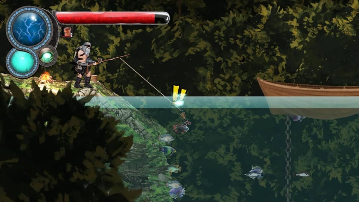 Player fishes beneath a boat as a bite alert flashes in Book of Korvald for Gert Lush Gaming.
