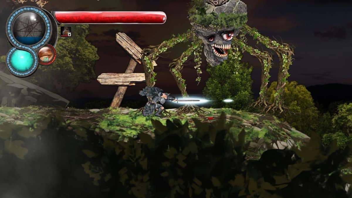 A towering tree boss attacks the player in a dark forest in Book of Korvald for Gert Lush Gaming.