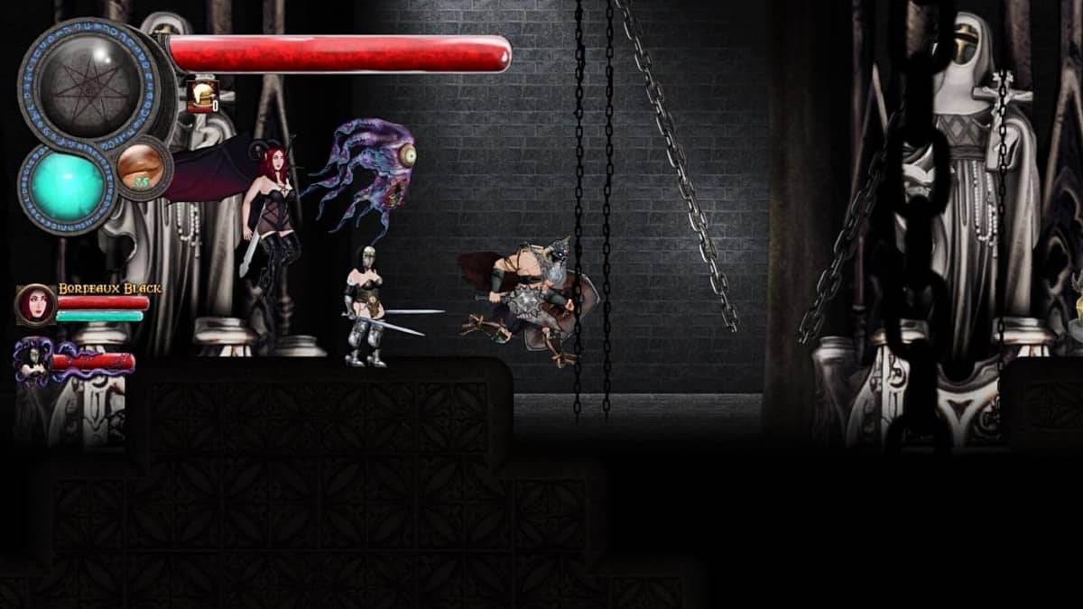 Player and sidekick explore a statue-filled room with light beams in Book of Korvald for Gert Lush Gaming.