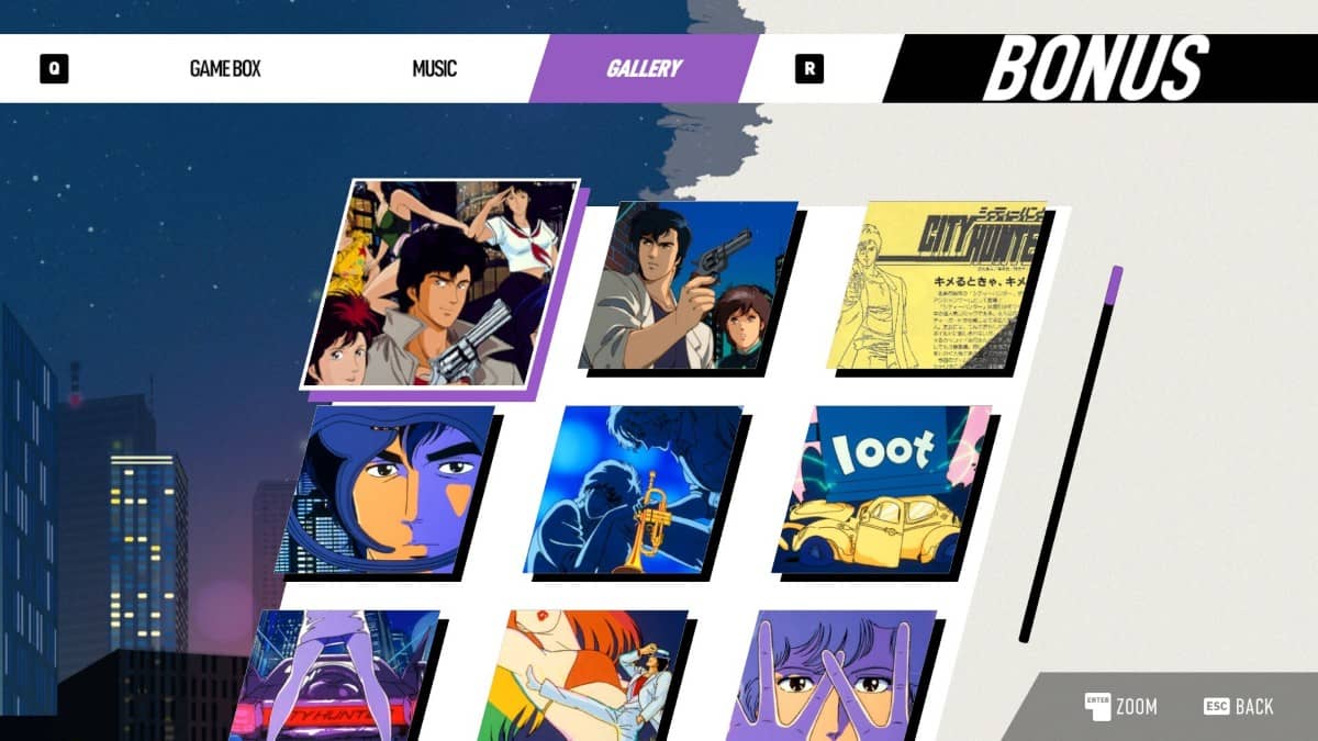 City Hunter extras menu showing concept art and stills featured by Gert Lush Gaming.