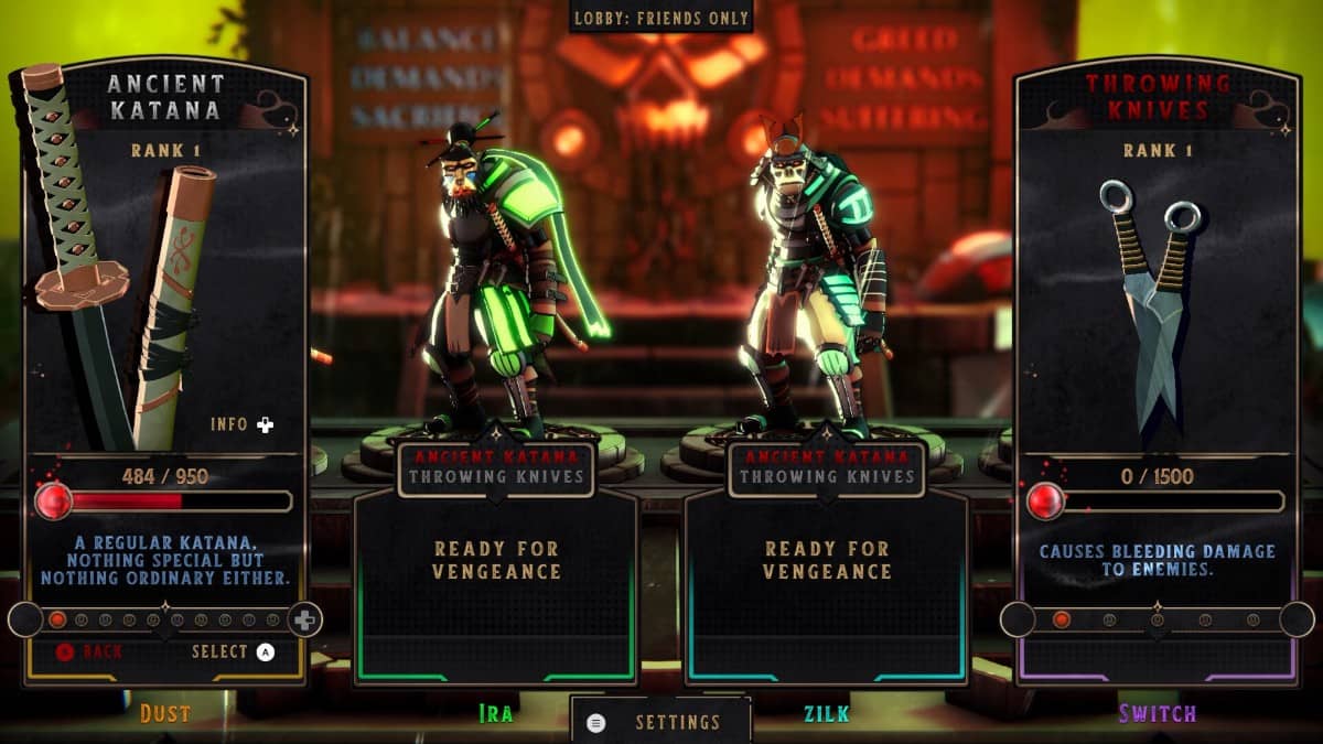 Cursed Blood character select screen showing party and weapon options for Gert Lush Gaming.
