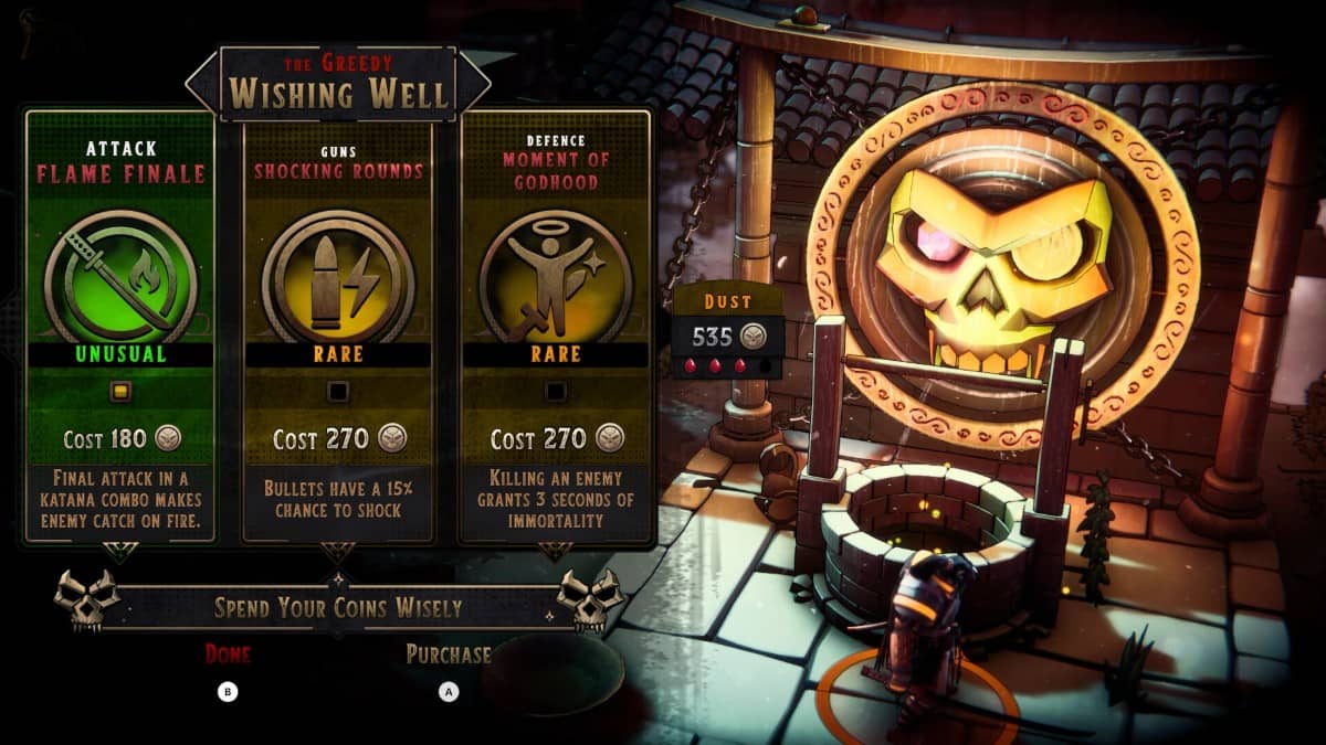 Cursed Blood greedy wishing well showing attack, guns, and defence choices for Gert Lush Gaming.