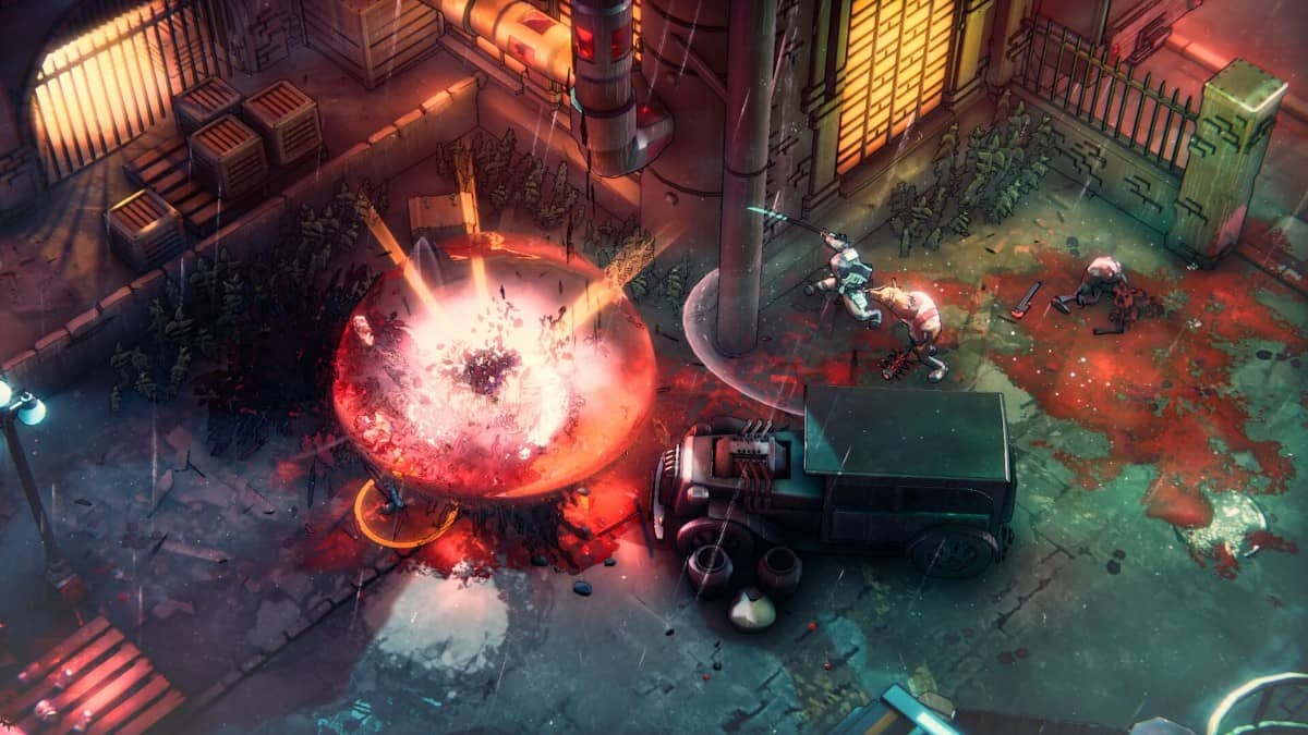 Cursed Blood enemies flank a truck after an explosion distracts the player in Gert Lush Gaming.