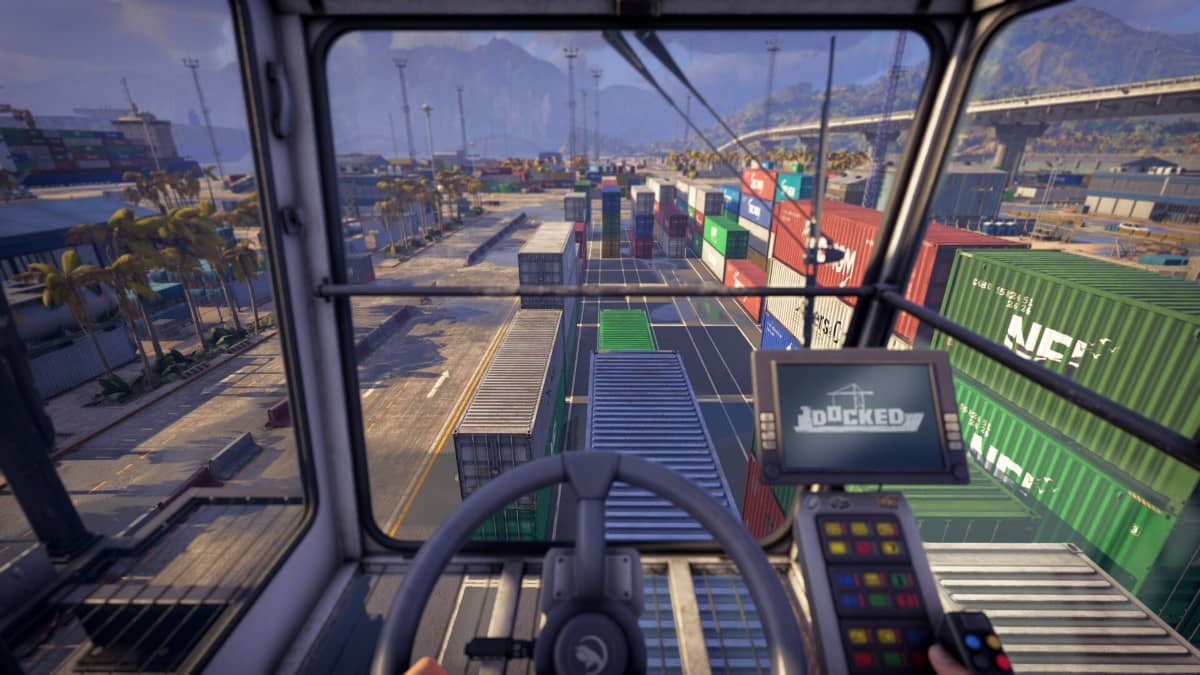 A first-person view in Docked showing detailed crane controls as you line up containers under pressure.