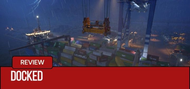 A dramatic aerial night view of Docked as lightning strikes and a crane battles fierce winds unloading cargo.