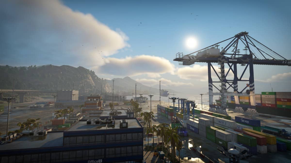 A bright aerial view of Docked showcasing the detailed port layout with colourful crates and buildings.