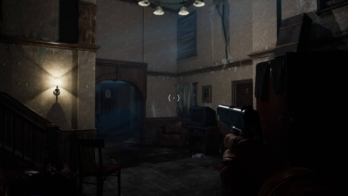 Player explores a dim abandoned house with a revolver in Ebola Village for Gert Lush Gaming.