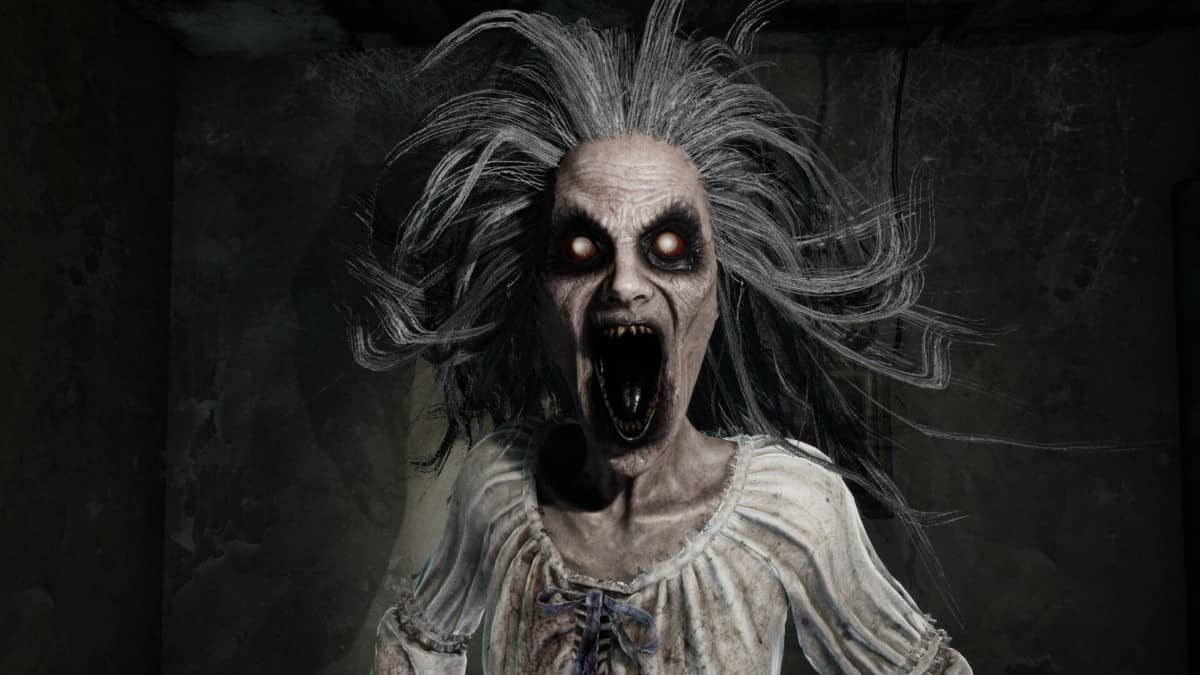 A banshee-like woman screams at the player in Ebola Village for Gert Lush Gaming.