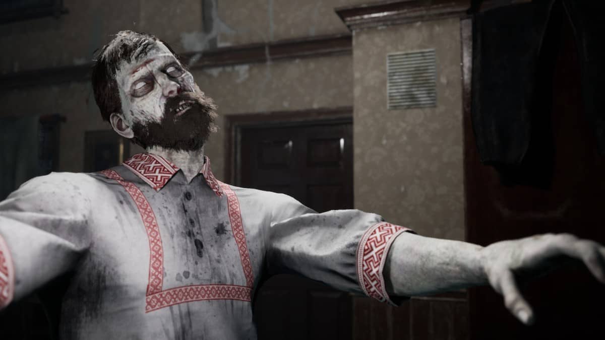 A zombie shambles toward the player in Ebola Village for Gert Lush Gaming.