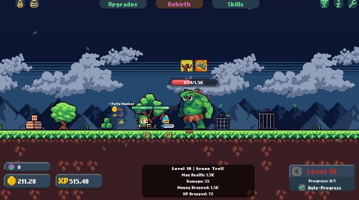 A Gridle party battling a giant ork-like boss as damage numbers burst and enemies swarm the arena.
