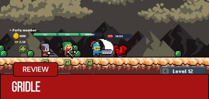 A Gridle party battles a stream of early-level enemies as coins, EXP, and damage numbers fill the screen.
