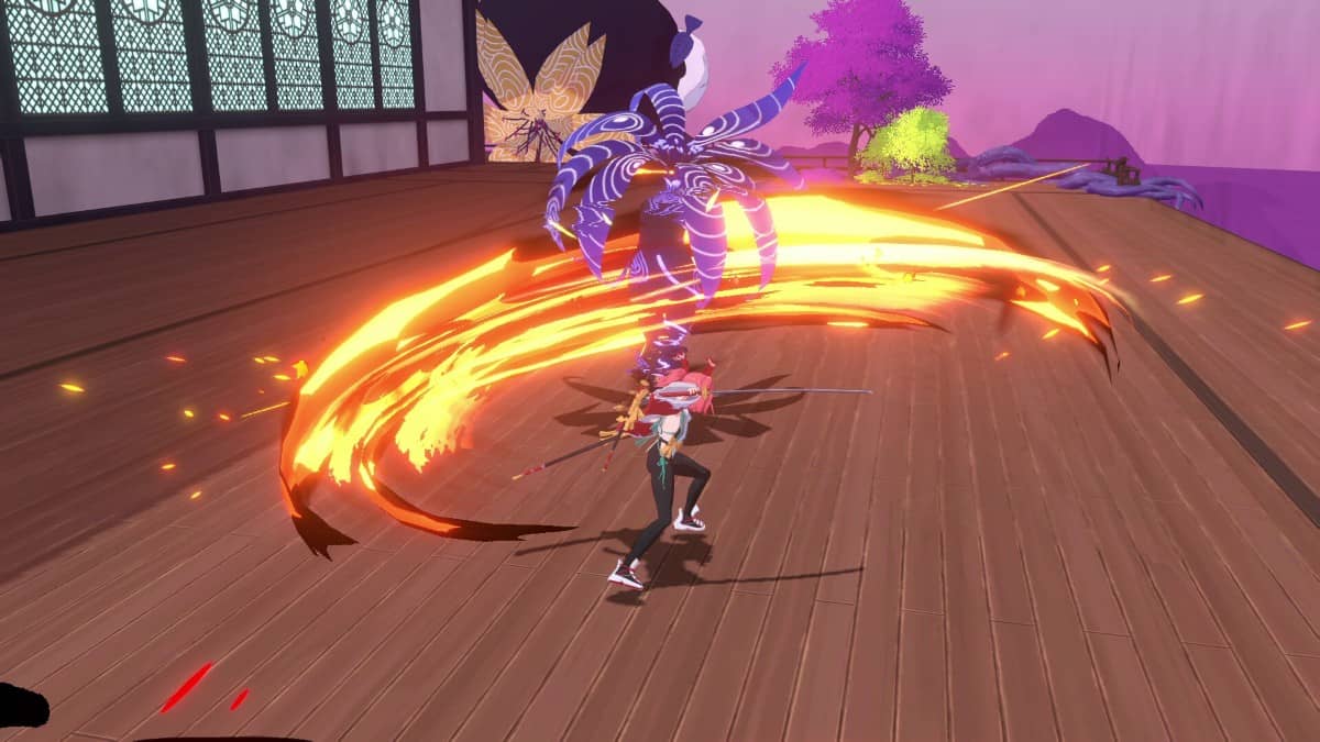 Homura Hime hero slashes an enemy on a wooden balcony with flashy effects for Gert Lush Gaming.