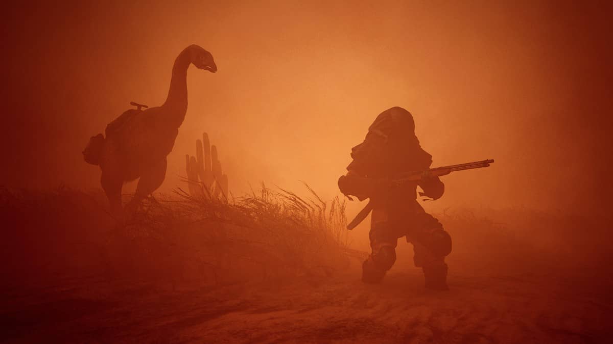 ICARUS sandstorm limits visibility as a suited explorer faces a lurking creature for Gert Lush Gaming.