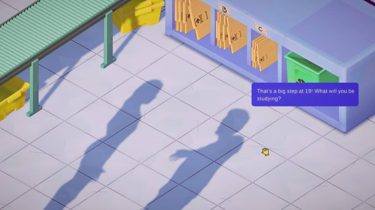 Packing Life story scene showing character shadows and dialogue bubbles, shared by Gert Lush Gaming.