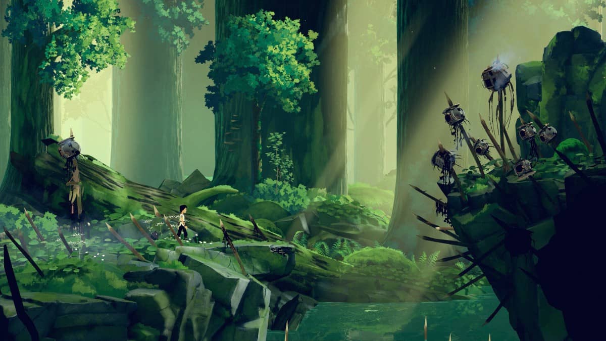 Forest path in Planet of Lana II lined with robot heads on spikes contrasting against vibrant green trees.