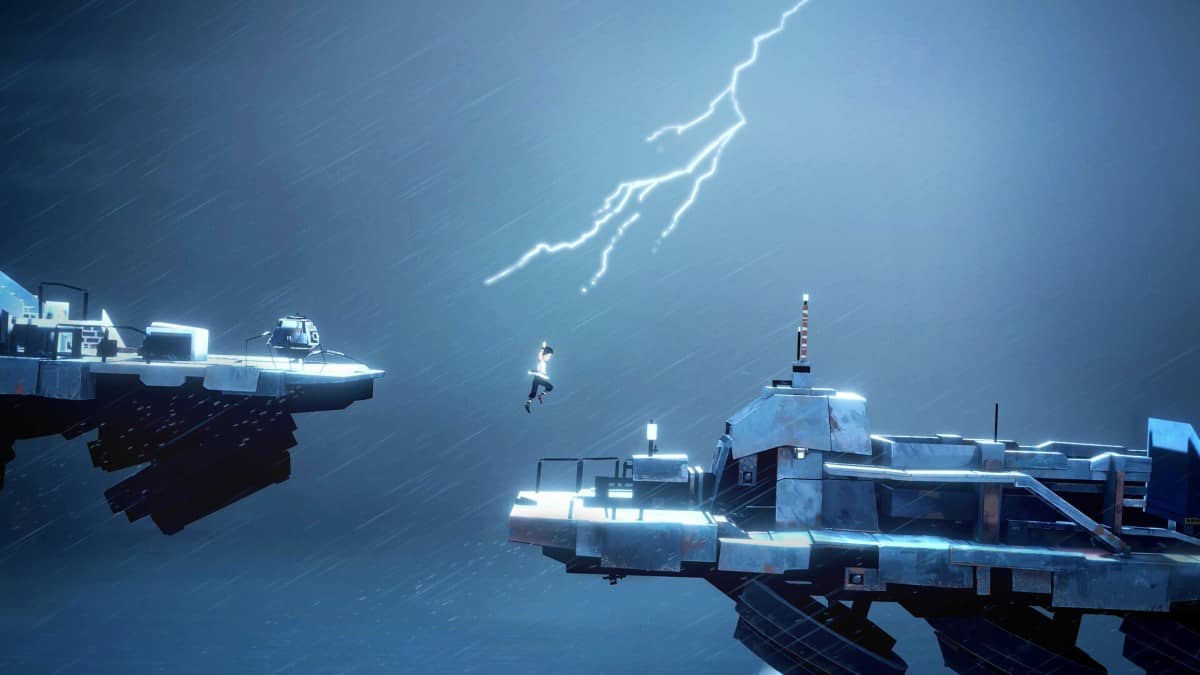 Lightning splits the sky as the player leaps over a rocky crevasse in Planet of Lana II.