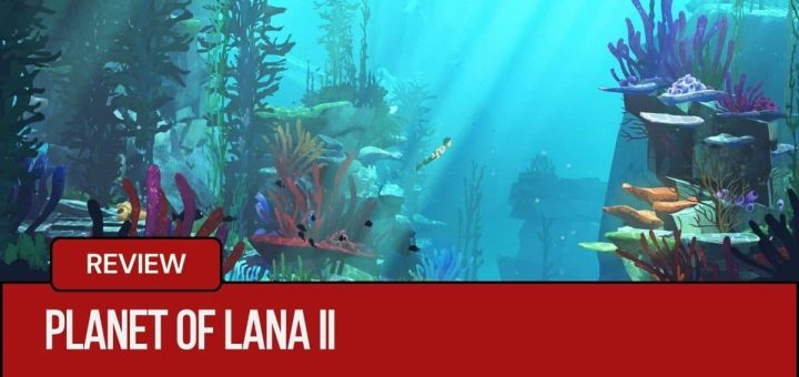 Player swimming through the vibrant blue seas of Planet of Lana II with corals glowing beneath.
