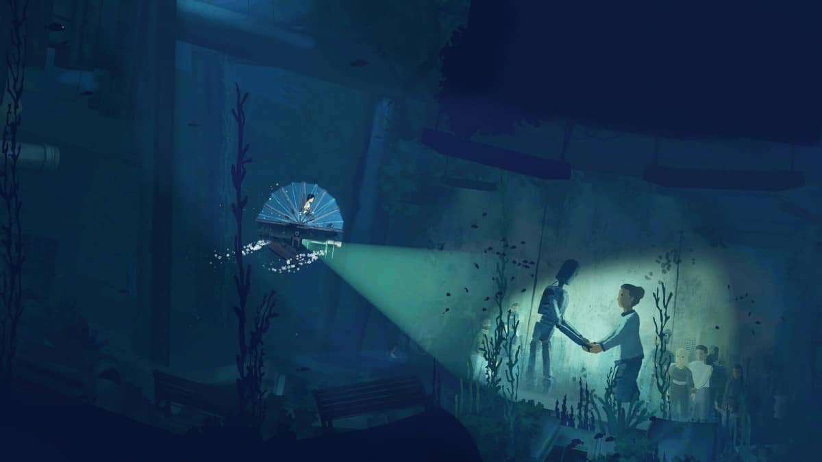 Player uncovering ancient murals in Planet of Lana II that depict a peaceful world without conflict.