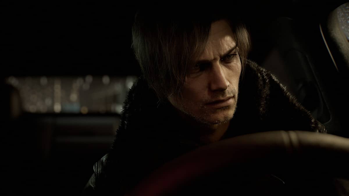 Tired Leon sits in his car as rain lashes the window in Resident Evil Requim for Gert Lush Gaming.