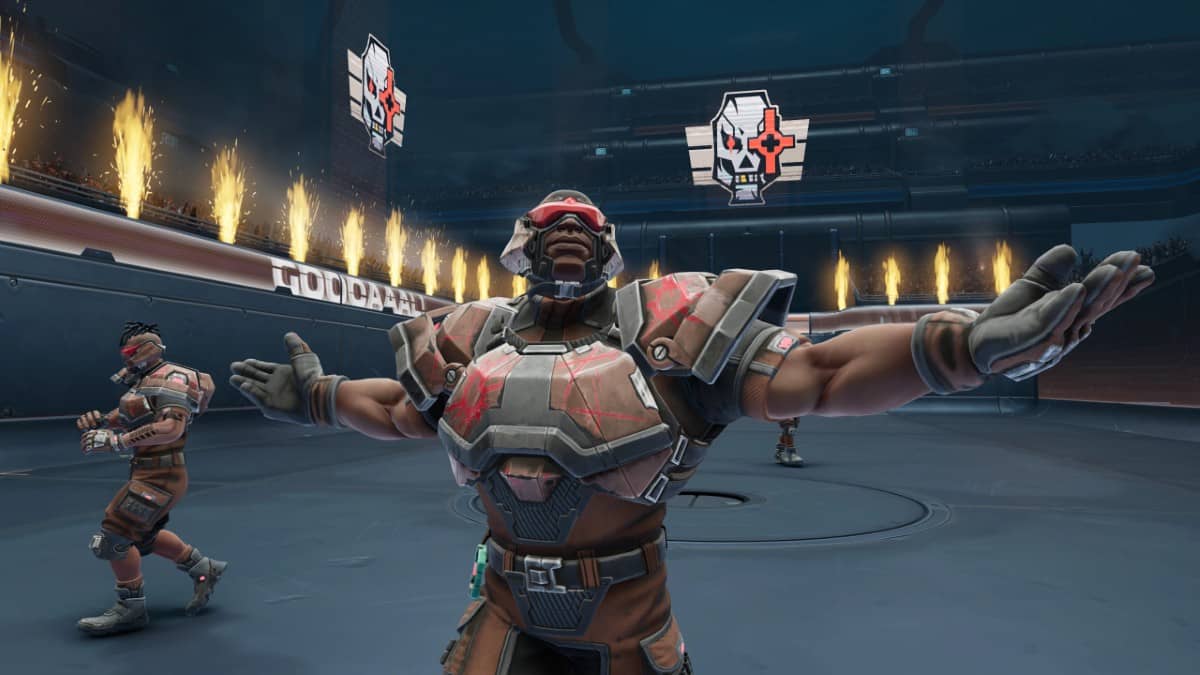 A towering red Speedball player celebrates a goal as the camera circles him soaking in the crowd’s energy.