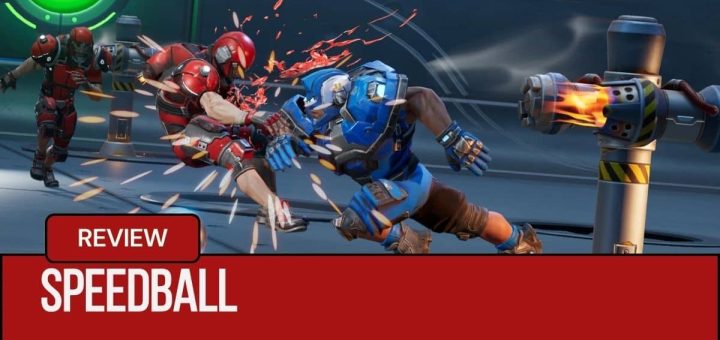 A brutal mid‑air tackle in Speedball as a blue player slams a red opponent with sparks flying.