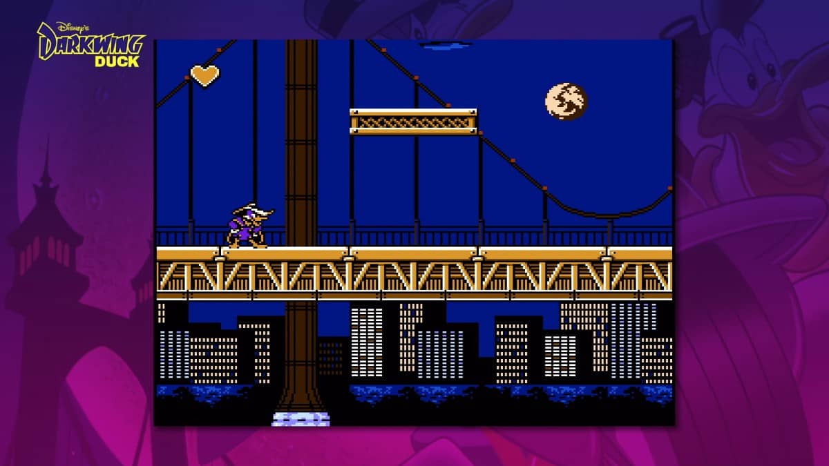 Darkwing Duck strikes his iconic pose on a moonlit bridge in The Disney Afternoon Collection Nintendo Switch 2.