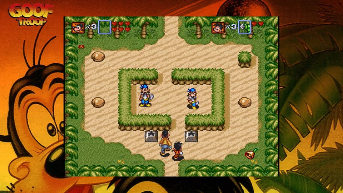 Goof Troop SNES puzzle gameplay in The Disney Afternoon Collection Nintendo Switch 2 with enemies moving on a top-down map.