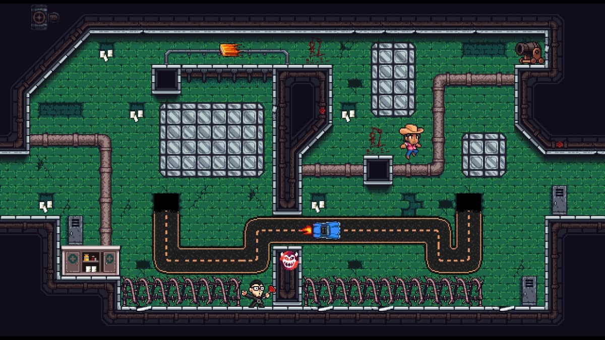 Fletcher leaps over barbed wire while avoiding enemy fire as a car races along a wall road in The Prisoning Fletchers Quest.