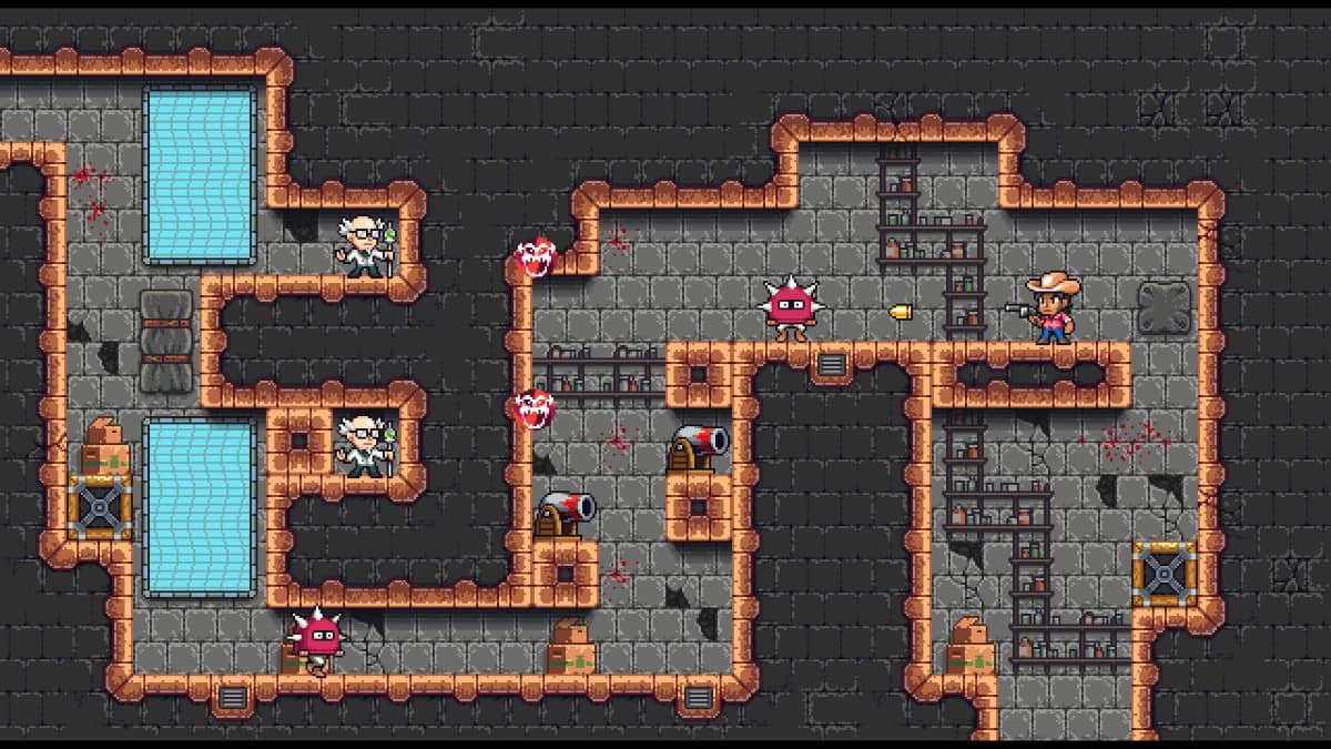 A chaotic level in The Prisoning Fletchers Quest with enemies firing projectiles through walls at Fletcher.